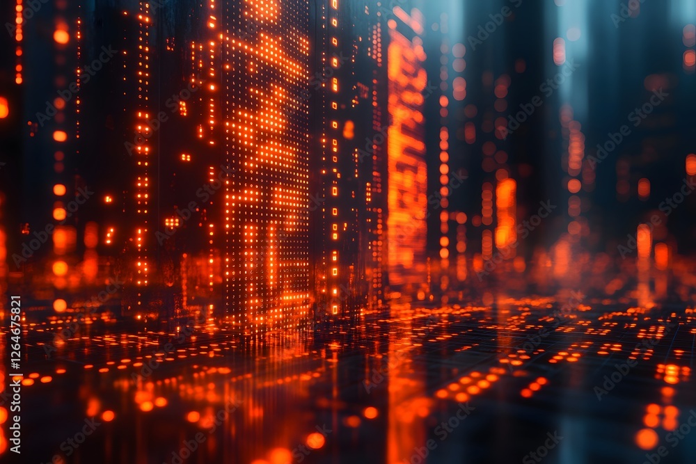Futuristic Digital Cityscape with Glowing Red Cybernetic Structures for Technology Design Futuristic Digital Cityscape with Glowing Red Cybernetic Structures for Technology Design