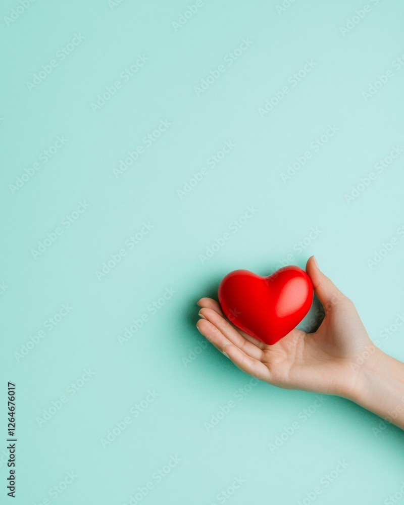 Mindful Heart Duo Contemporary Self-Care Art with Smooth Red Heart in Hand on Mint Canvas - Inspiring Healthcare Visuals for Emotional Wellbeing Marketing and Holistic Brands