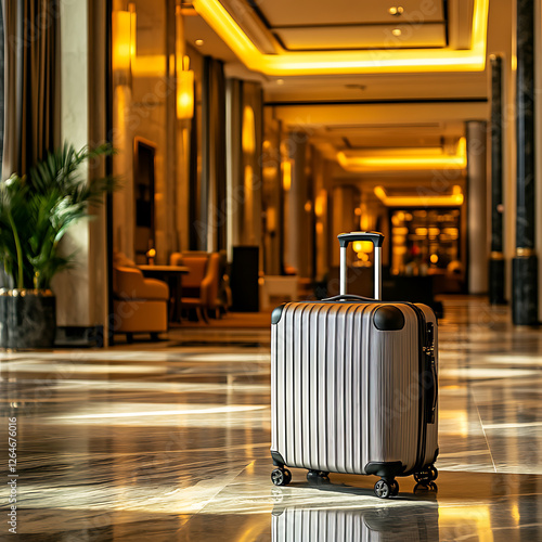 Luxury Travel: A stylish silver suitcase stands in the opulent lobby of a five-star hotel, ready for an exciting journey