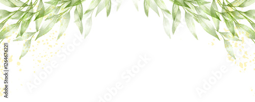 Natural abstract background with watercolor green branches and leaves. Leaf frame. Art vector illustration for poster, wedding invitation, card, flyer, cover, banner, placard, brochure, social media
