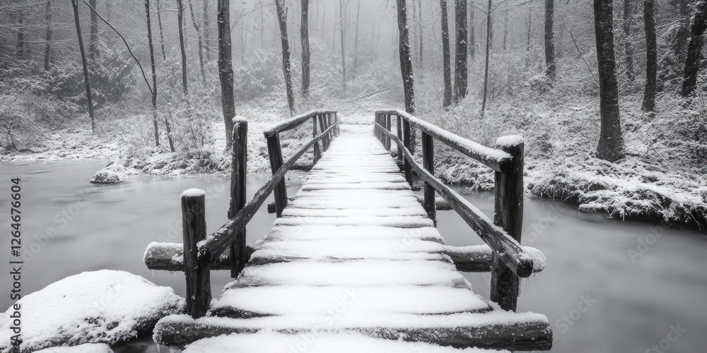 Obraz premium Wooden Bridge Over Snowy Stream