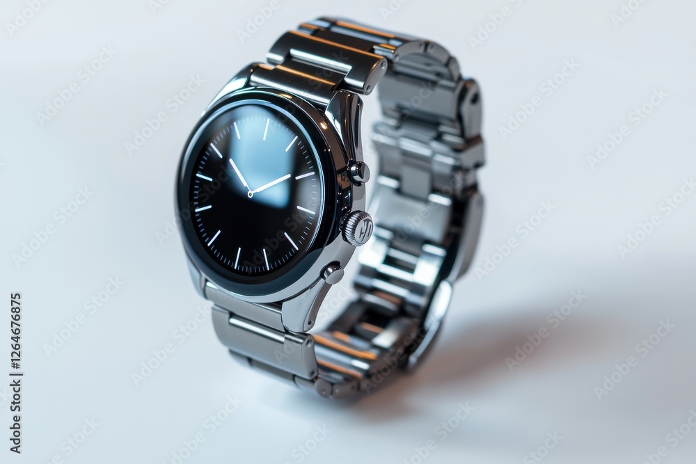 Elegant silver smart watch with a classic round face and metal band, displaying minimal hands against a dark screen, isolated on bright white background Elegant silver smart watch with a classic round face and metal band, displaying minimal hands against a dark screen, isolated on bright white background
