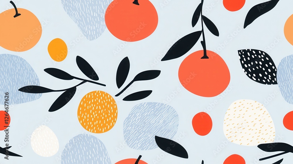 Seamless mininal illustration of fruits. A vibrant, abstract pattern featuring colorful oranges, leaves, and various shapes on a light blue background. Seamless mininal illustration of fruits. A vibrant, abstract pattern featuring colorful oranges, leaves, and various shapes on a light blue background.