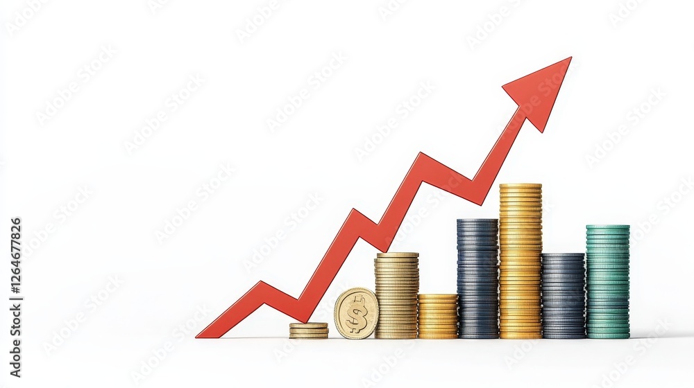 Financial Growth Chart with Golden Coins and Rising Red Arrow Financial Growth Chart with Golden Coins and Rising Red Arrow