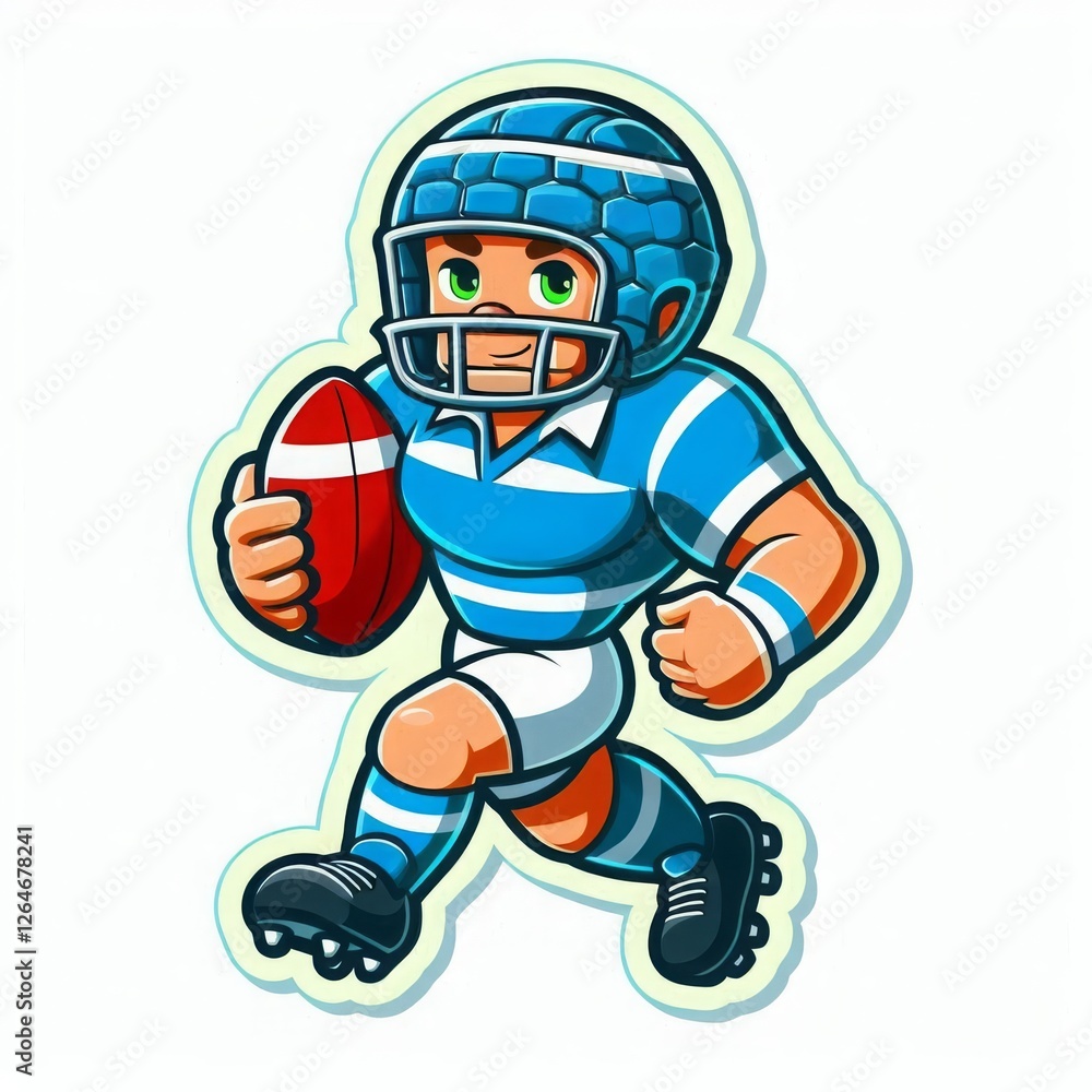Cartoon rugby player in blue uniform running with a ball and wearing a helmet Cartoon rugby player in blue uniform running with a ball and wearing a helmet