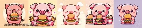 vector set of adorable pigs eating burgers