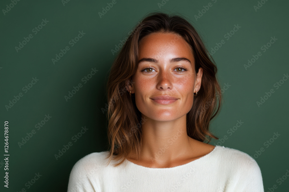 Beautiful woman smiling with freckles and white sweater on green background Beautiful woman smiling with freckles and white sweater on green background