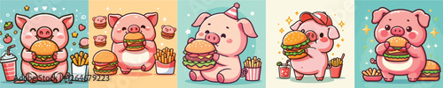 vector set of adorable pigs eating burgers