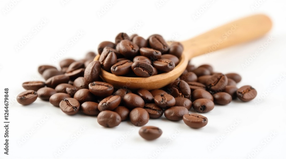 Fototapeta premium Wooden Spoon with Spilled Coffee Beans on White Background
