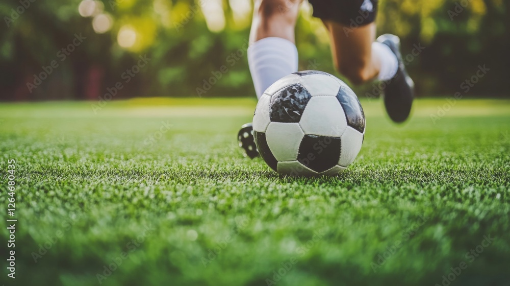 A professional football player kicking a soccer ball on a bright green field A professional football player kicking a soccer ball on a bright green field