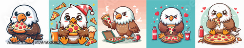 vector set of adorable eagles eating pizza