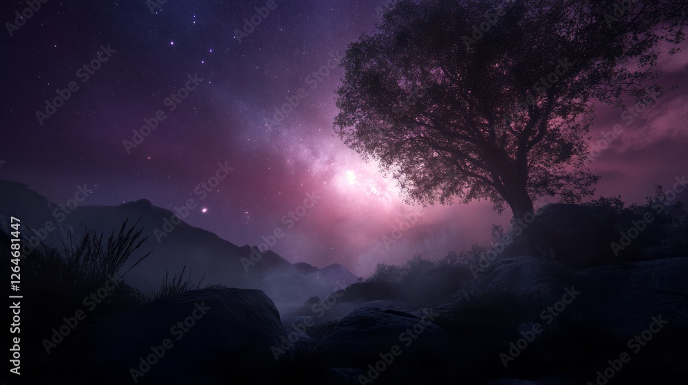 Obraz premium A night sky with stars and fog over the mountains, a tree in the foreground, a purple glow from behind the scene, realistic, cinematic, dark fantasy.