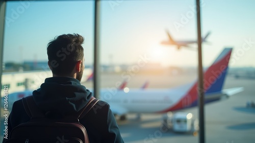 Traveler Watching Airplane Take Off at an Airport Terminal Window photo