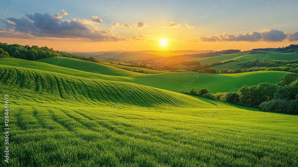 Obraz premium Expansive green fields leading to distant rolling hills under a brilliant summer sky