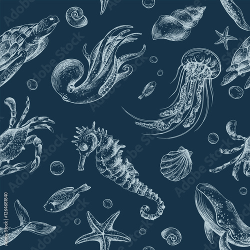 Underwater world clipart with sea animals whale, turtle, octopus, seahorse, starfish, shells, coral and algae. Graphic illustration hand drawn. Seamless pattern EPS vector on a blue background