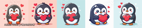 vector set of adorable penguins holding red love