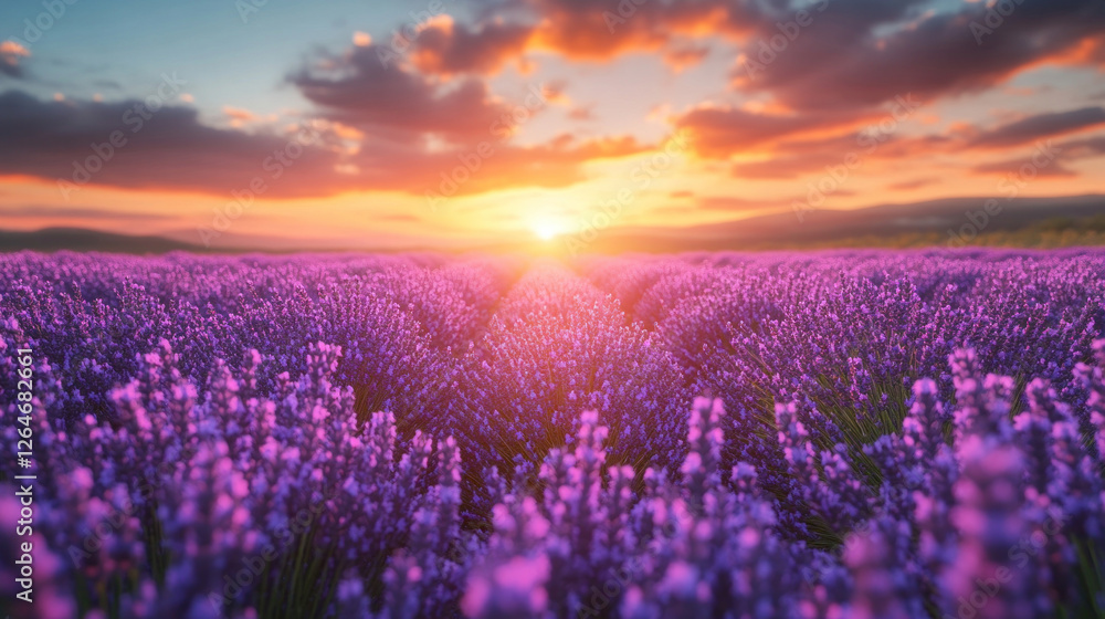 Fototapeta premium Field of lavender under a dramatic evening sky with rolling clouds