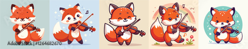 vector set of adorable foxes playing the violin