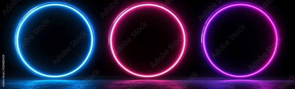 Glowing neon circles on black background provide elegant space for product display and creative mockup design Glowing neon circles on black background provide elegant space for product display and creative mockup design