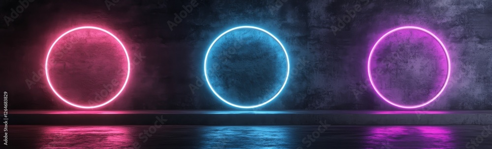 Obraz premium Glowing neon circles on black background provide elegant space for product display and creative mockup design