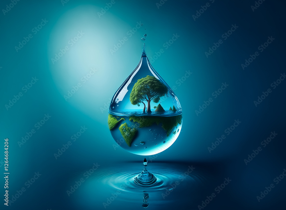 Fototapeta premium A clear water drop encapsulates a miniature earth with a tree, reflecting on a serene blue backdrop. Symbolizing nature's essence and environmental awareness.