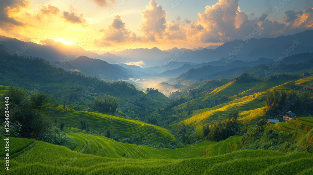 Golden fields of rice terraces in a mountainous region during harvest season