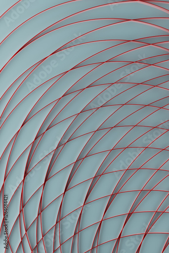 Modern energy abstract background with thin red curved lines, crossing, grid on light blue color. 3d illustration for design, wallpaper, flyer, card, poster in medicine, sciences, study, business.