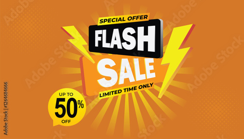 Flash sale mega offer background upto 50 percent off, special offer, limited time only, flash sale creative campaign sales yellow black banner template design for social media and website	