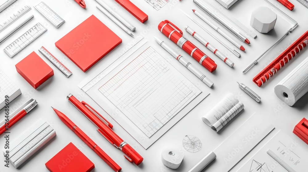 Vibrant Red and White Stationery Arrangement on Clean Surface Vibrant Red and White Stationery Arrangement on Clean Surface