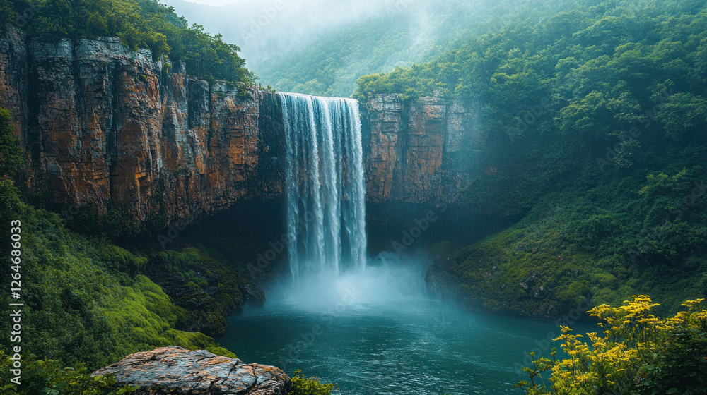 Fototapeta premium Majestic waterfall tumbling over a cliff into a rocky basin surrounded by greenery
