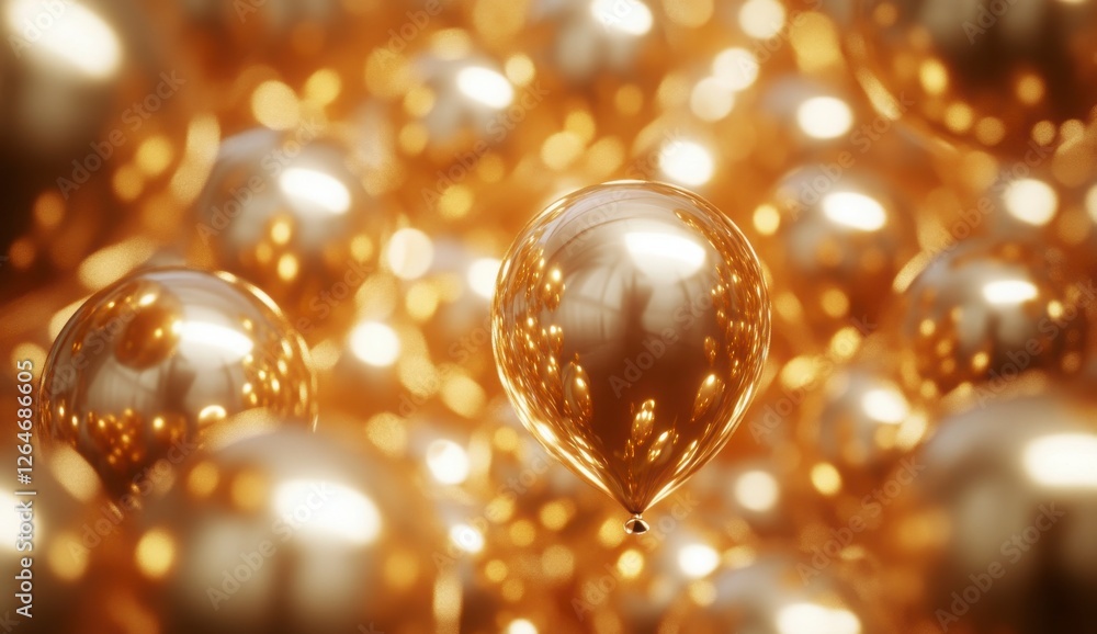 Shiny Gold Balloons Floating in a Bokeh Background of Light Orbs Shiny Gold Balloons Floating in a Bokeh Background of Light Orbs