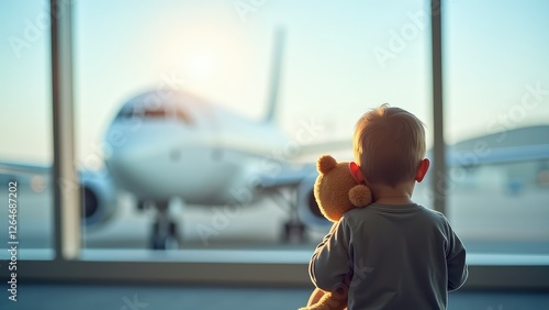 Child with Teddy Bear Watching Airplanes Through Airport Window photo