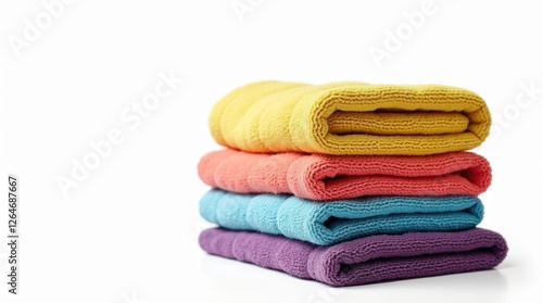 Neatly Folded Colorful Towels on White Background