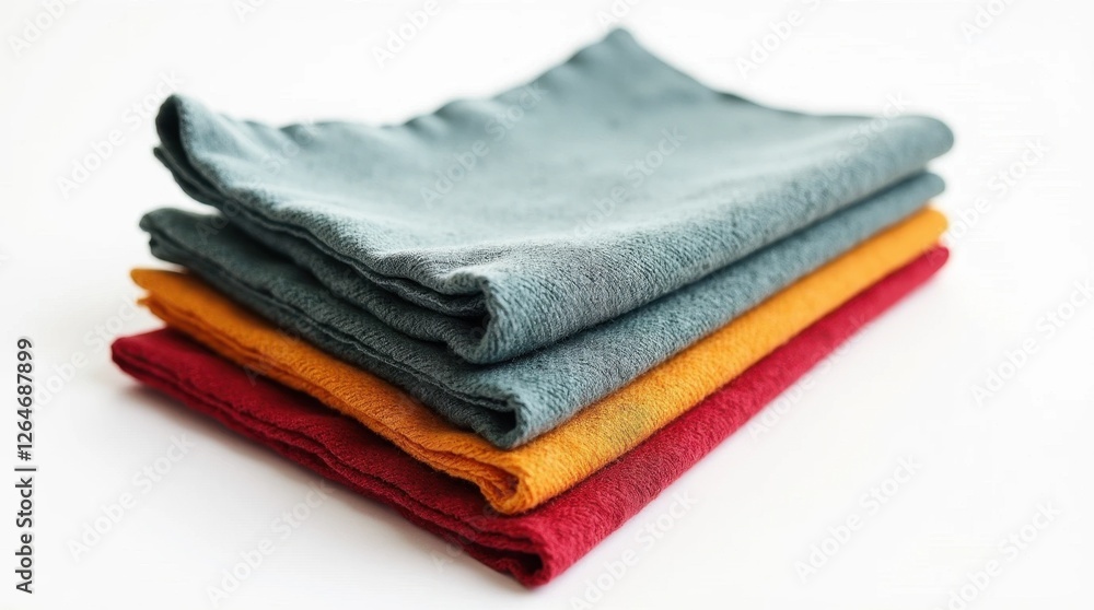 Fototapeta premium Colorful Fabric Swatches Stacked on White Background