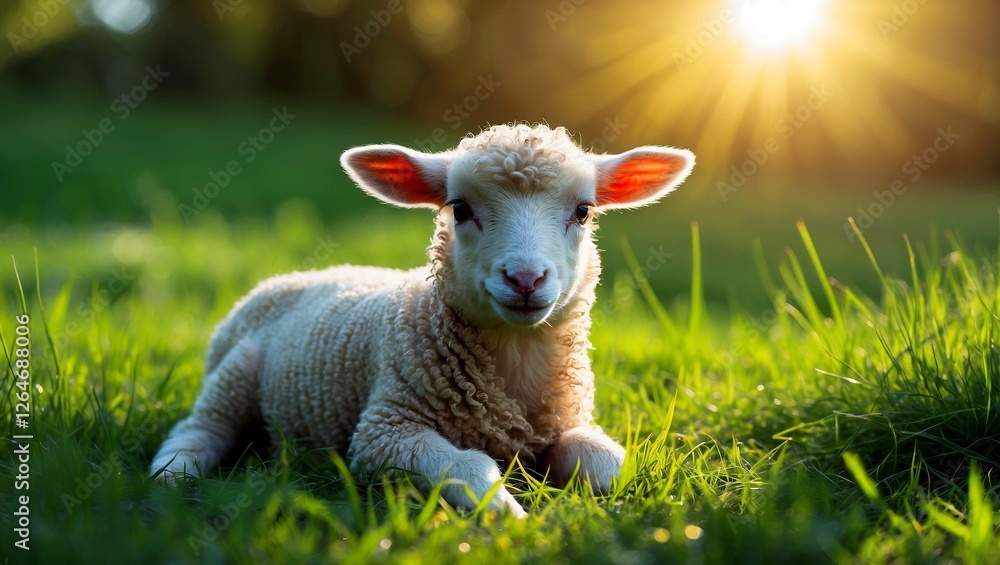 Obraz premium Adorable lamb relaxing in sunlit green grass