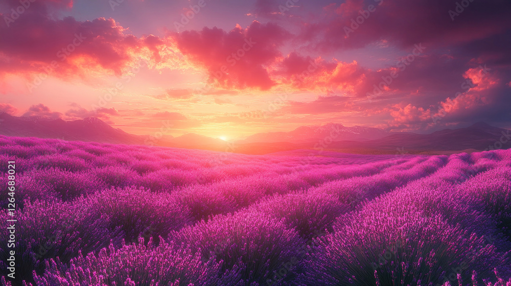 Rolling fields of lavender under a vibrant purple and orange sunset Rolling fields of lavender under a vibrant purple and orange sunset