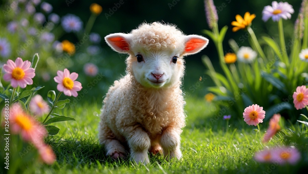 Fototapeta premium Adorable lamb resting among vibrant greenery and flowers
