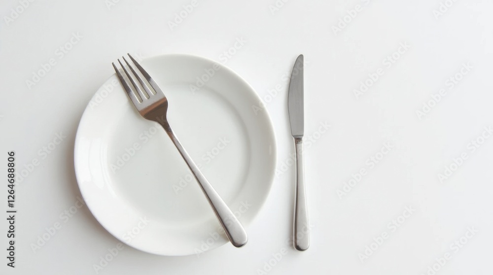 Clean White Ceramic Plate with Silver Fork and Knife Clean White Ceramic Plate with Silver Fork and Knife