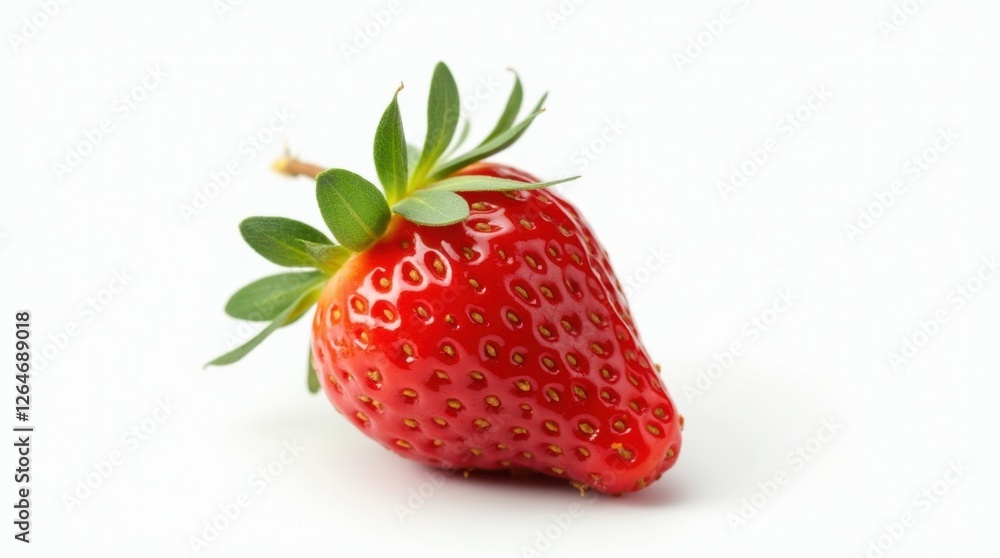 Single Ripe Strawberry with Green Leaves on White Background Single Ripe Strawberry with Green Leaves on White Background