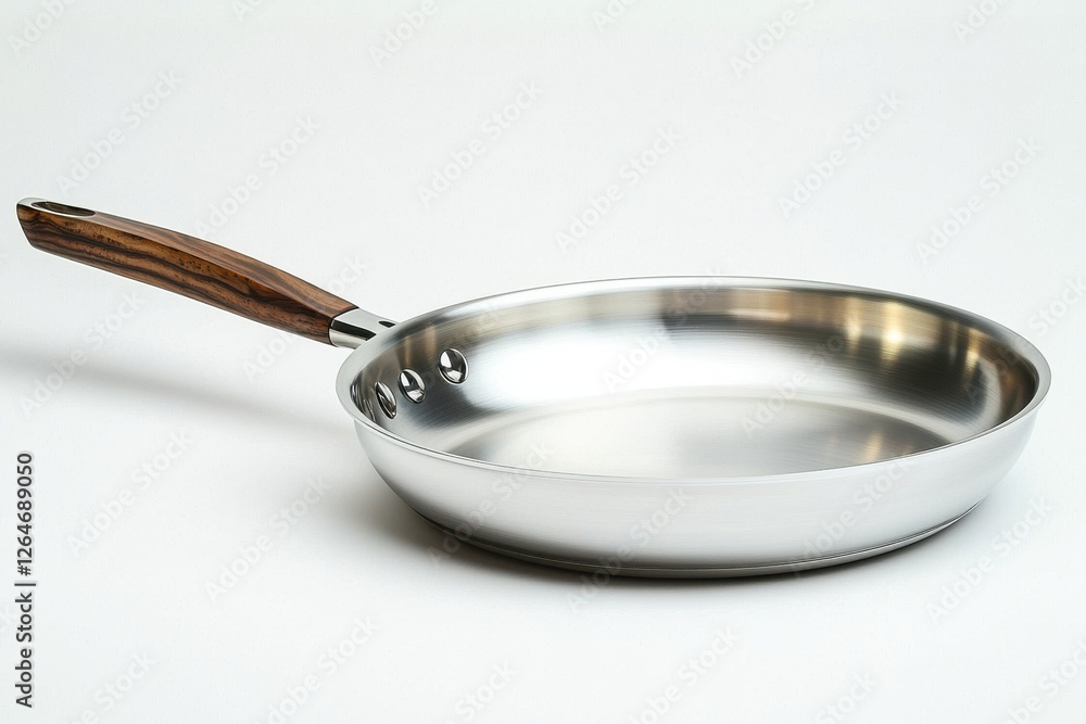 A close-up studio shot showcasing a sleek, brushed stainless steel frying pan with a wooden handle, reflecting light against a pristine white backdrop. A close-up studio shot showcasing a sleek, brushed stainless steel frying pan with a wooden handle, reflecting light against a pristine white backdrop.