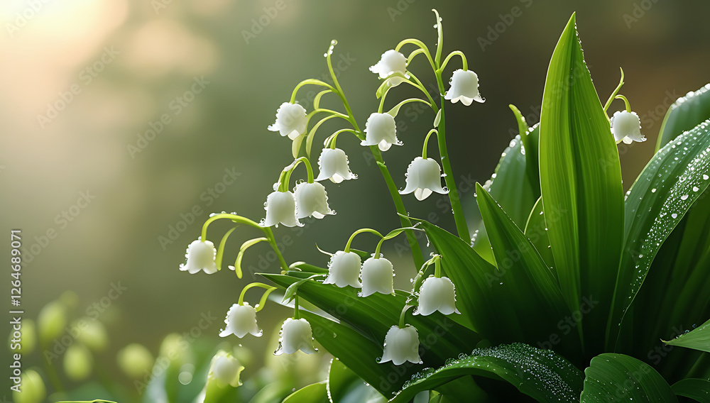 Obraz premium Lily of the Valley on a Bright Morning: Delicate white blooms bathed in fresh, crisp morning light, capturing the serene beauty of a peaceful, dewy dawn. Created with generated AI.