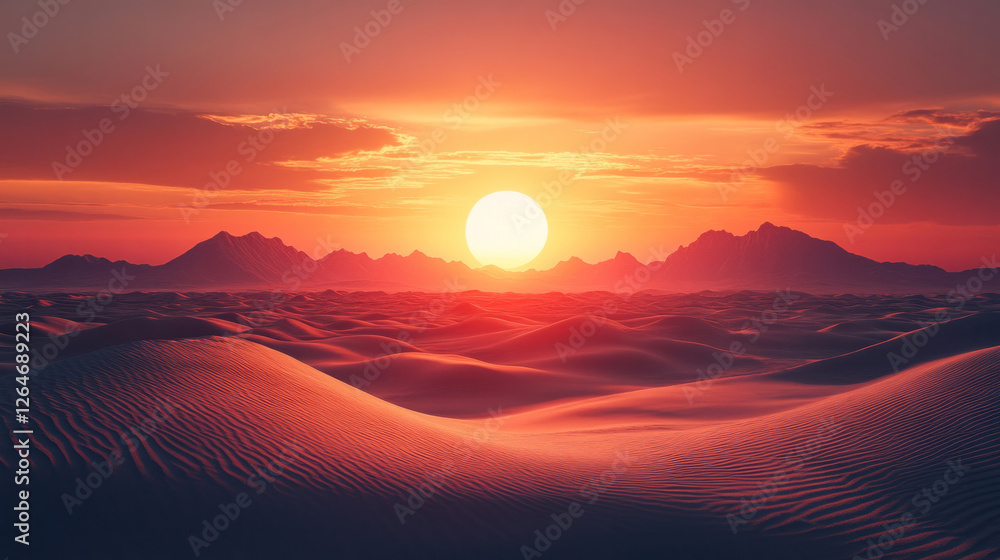 Naklejka premium Sunset over a desert landscape, with sand dunes glowing in warm golden tones