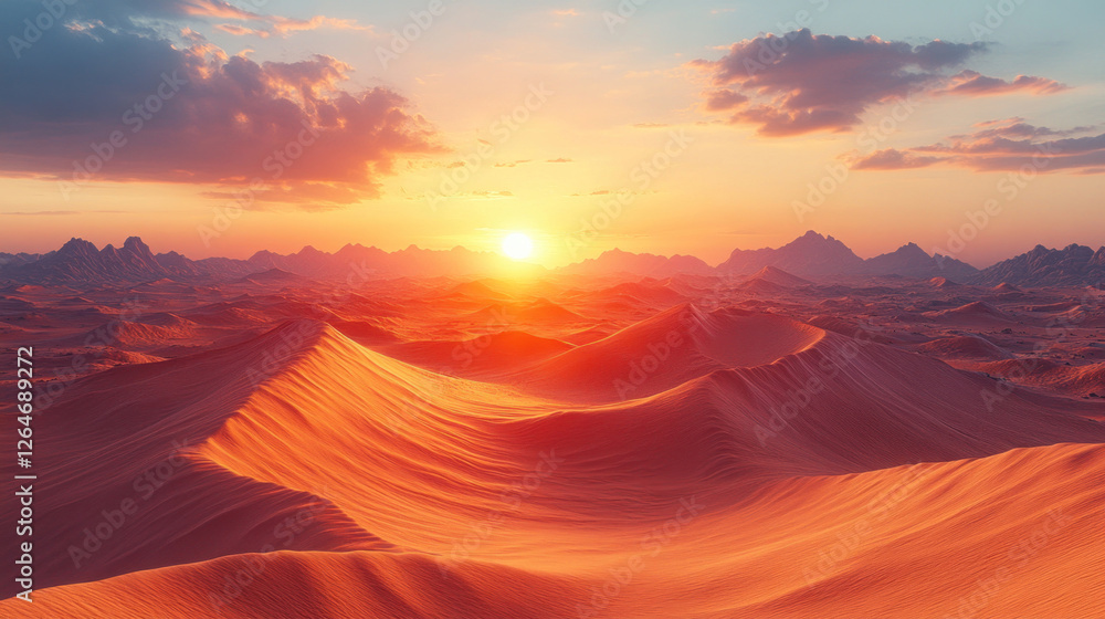 Sunset over a desert landscape, with sand dunes glowing in warm golden tones Sunset over a desert landscape, with sand dunes glowing in warm golden tones