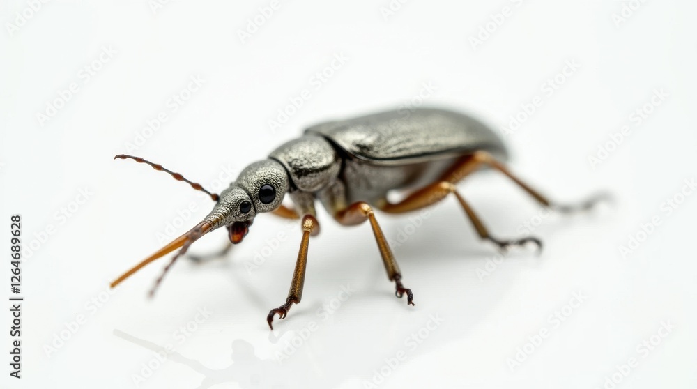 Close-up of a Silver Metallic Weevil with Long Snout Close-up of a Silver Metallic Weevil with Long Snout