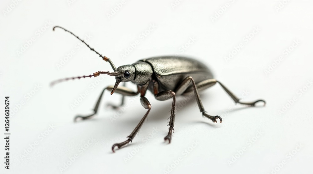 Close-Up of a Silver Metallic Weevil with a Long Snout Close-Up of a Silver Metallic Weevil with a Long Snout