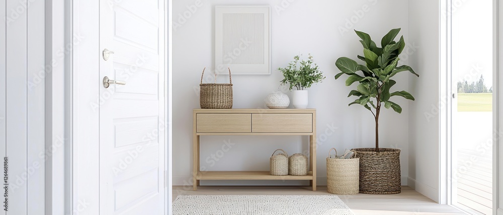 Bright Entryway with Minimalist Console Table and Potted Plants Bright Entryway with Minimalist Console Table and Potted Plants