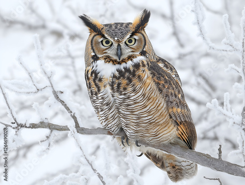 Great Horned Owl perched on the branch of an ice-covered tree, against white background with natural elements.  photo