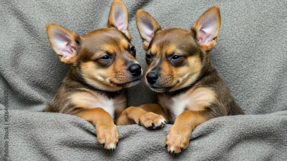 Chihuahua puppies, twin dogs sleeping together on grey blanket, adorable pets and companionship, animal friendship and bonding Chihuahua puppies, twin dogs sleeping together on grey blanket, adorable pets and companionship, animal friendship and bonding