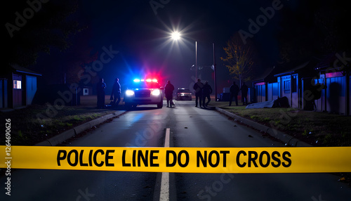 Police cars with flashing lights behind yellow crime scene tape at night. Suitable for illustrating crime reports