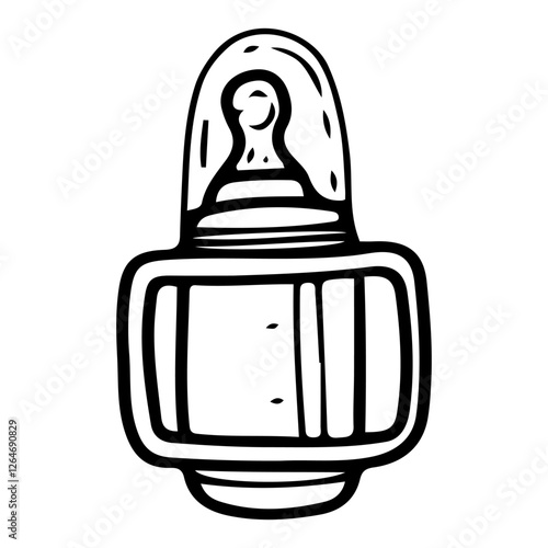 Baby feeding bottle with nipple. Hand drawn doodle. Newborn formula bowl. Dishes with handles and lid. For a small child. Childhood. Vector line art illustration.